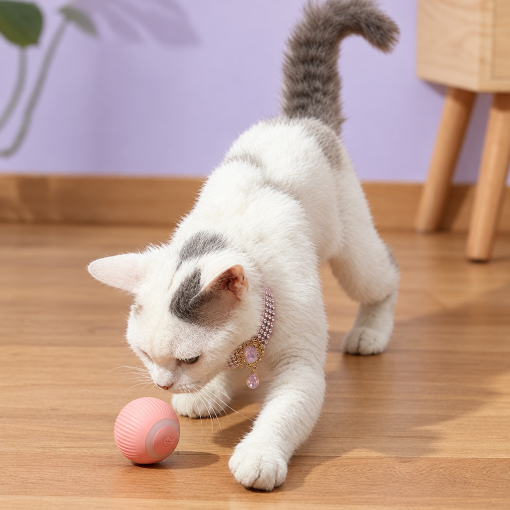 White and grey cat wearing a pink jeweled collar while playing with a pink ball against a lavender wall