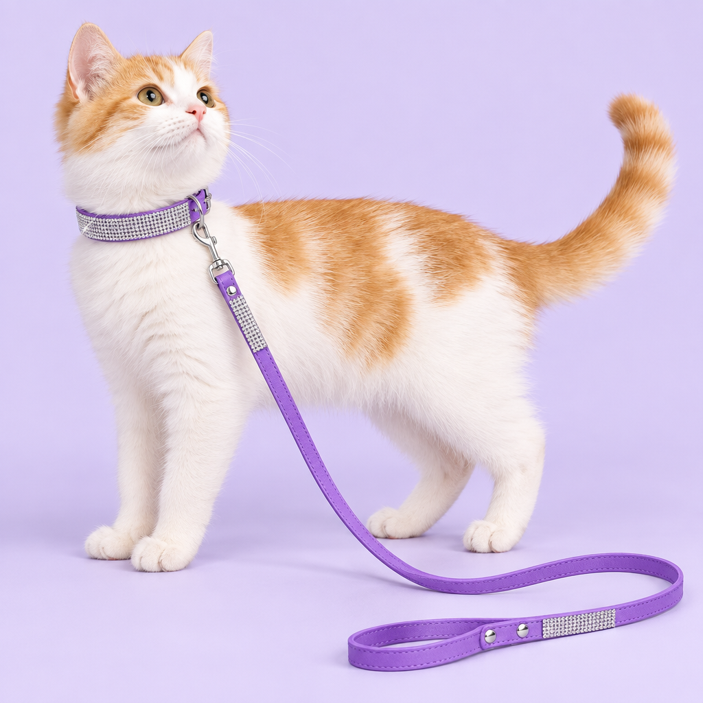White-and-orange cat wearing the purple collar and leash