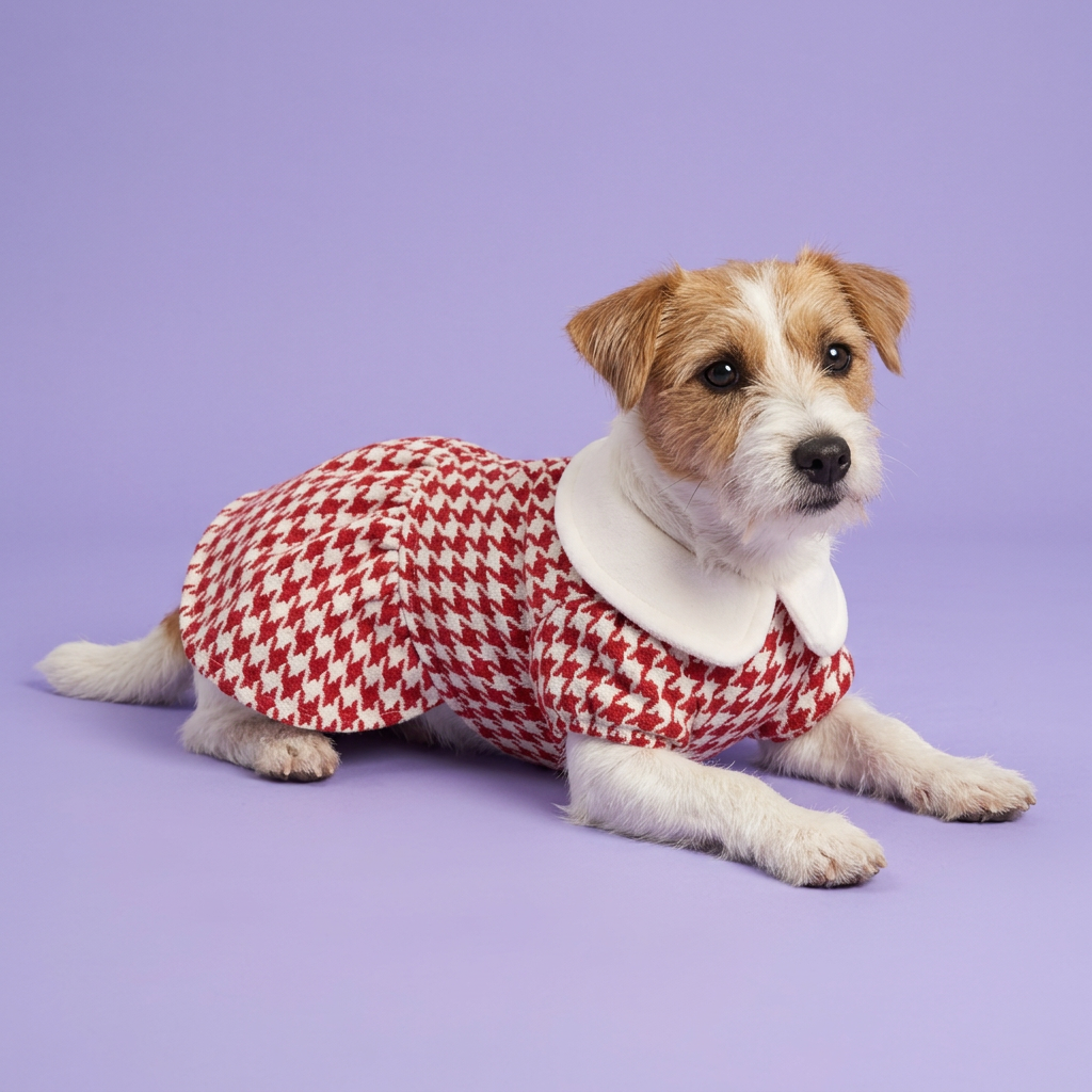 White-and-tan wirehaired terrier lounging in the houndstooth dress