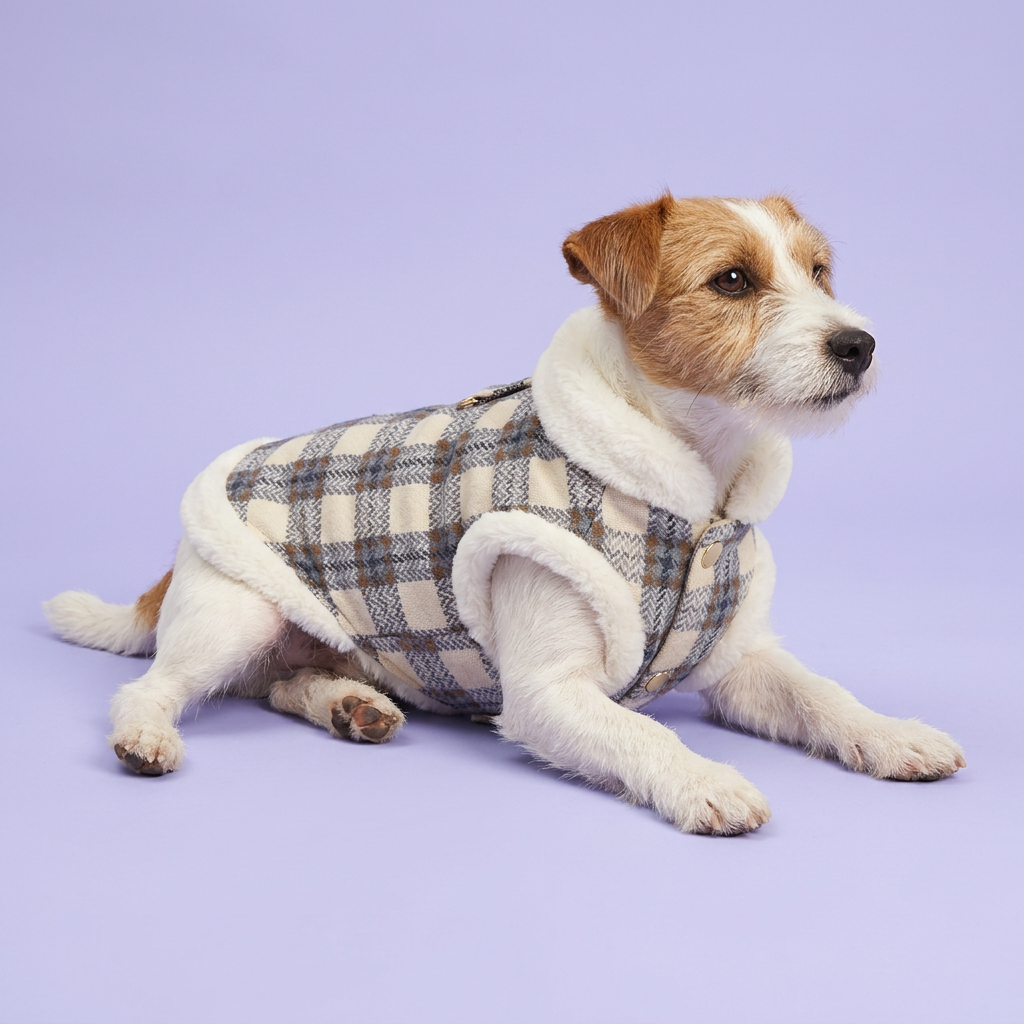 White-and-tan wirehaired terrier reclining in the plaid vest