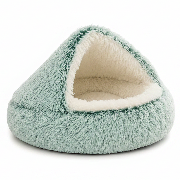 Teal long-pile plush round hooded cave pet bed with cream interior lining on white background