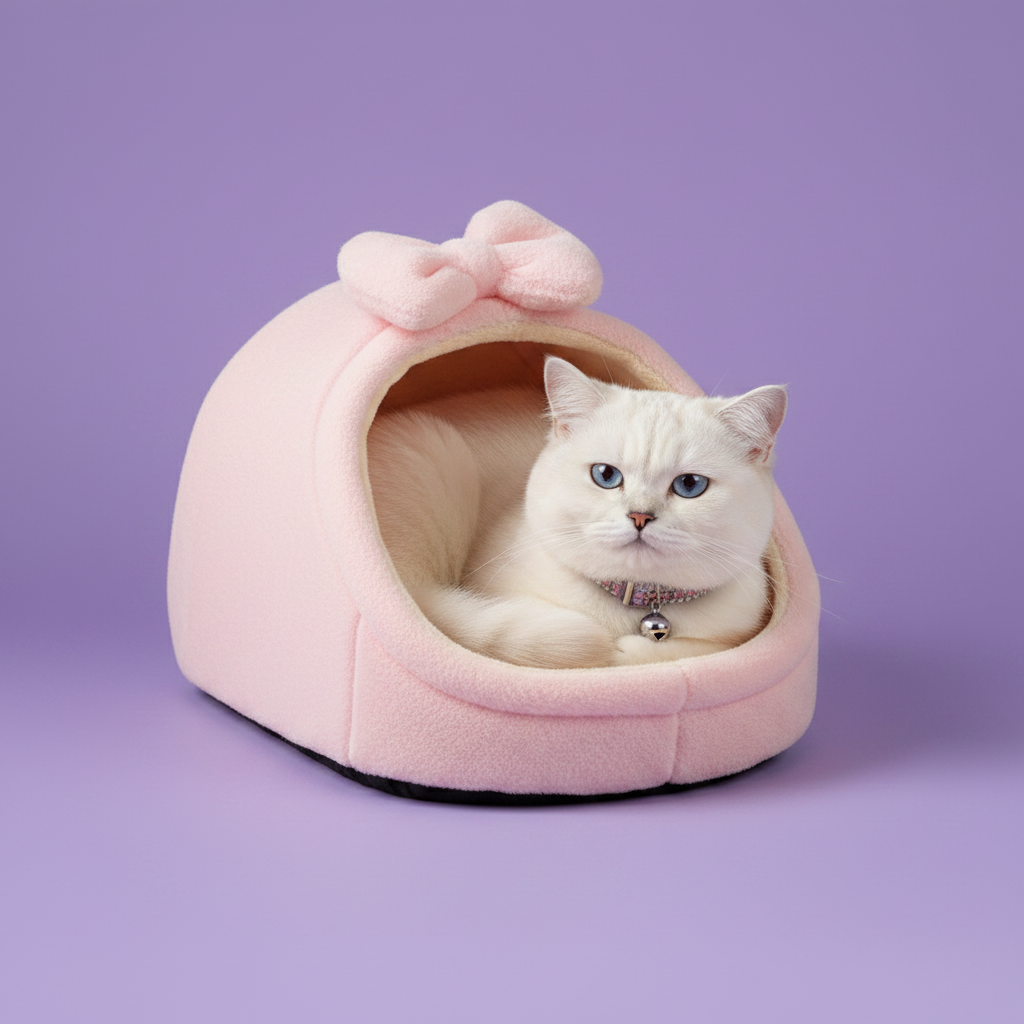 White British Shorthair cat with blue eyes and bell collar resting inside a soft pink plush igloo cat cave bed with bow detail, lavender background