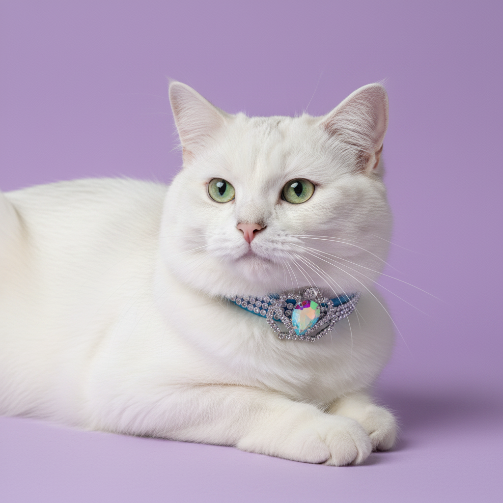 Green-eyed white cat lying down in loaf position and facing camera wearing a light blue rhinestone collar with a silver crown centerpiece featuring an iridescent AB heart crystal, luxury crown heart crystal breakaway cat collar on solid lavender background