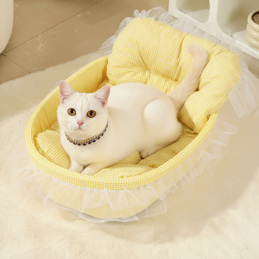 White cat wearing a black, gold, and navy crystal collar resting in a pastel yellow gingham oval pet bed with tufted bolster backrest and sheer white lace ruffle trim, cream background