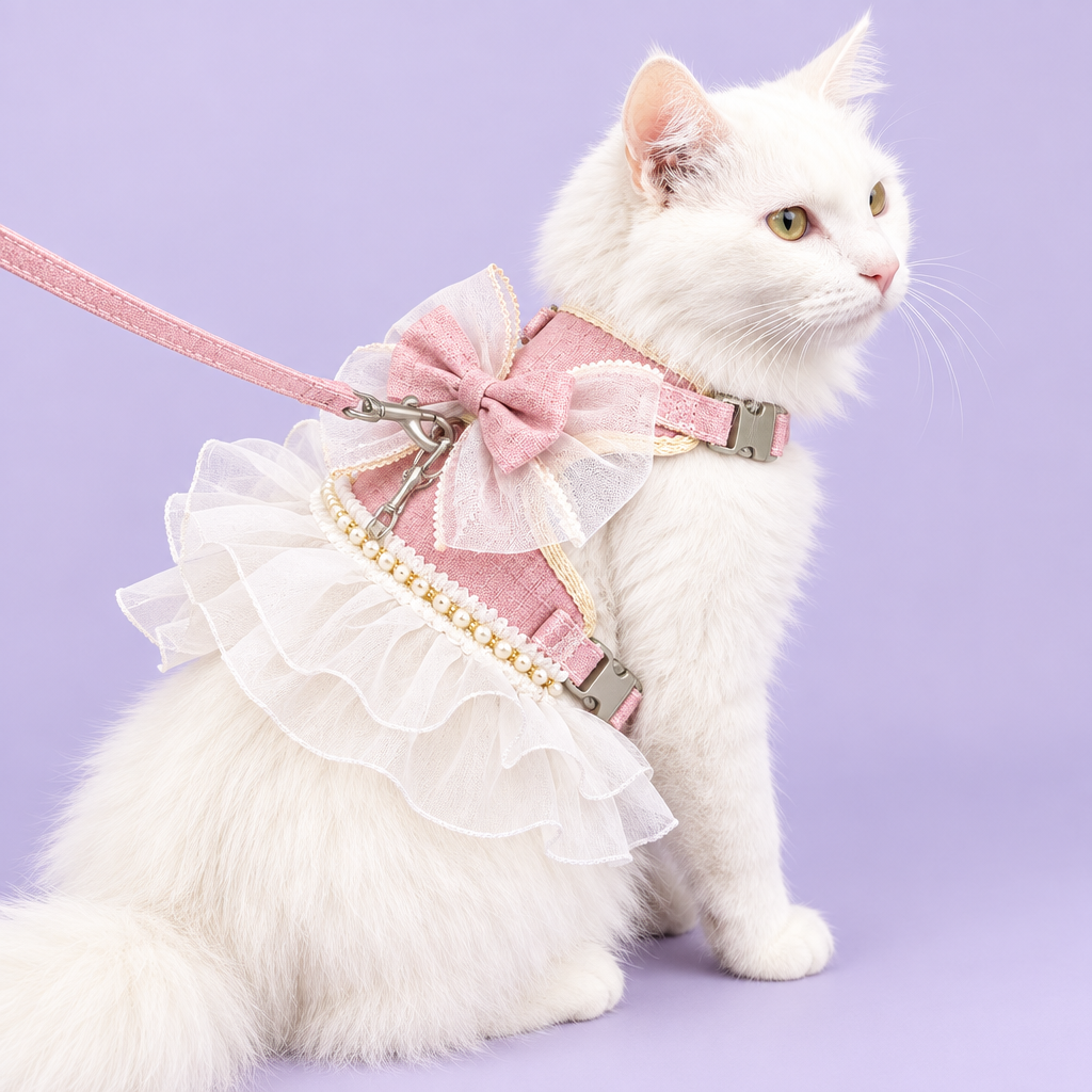 White cat in pink ruffled harness