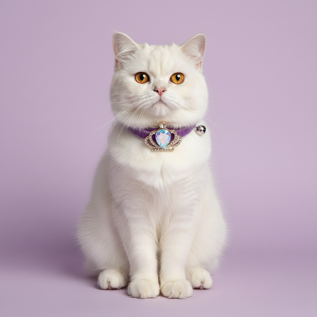 White British Shorthair cat wearing purple velvet cat collar with gold crown and iridescent AB teardrop gem pendant — luxury cat collar