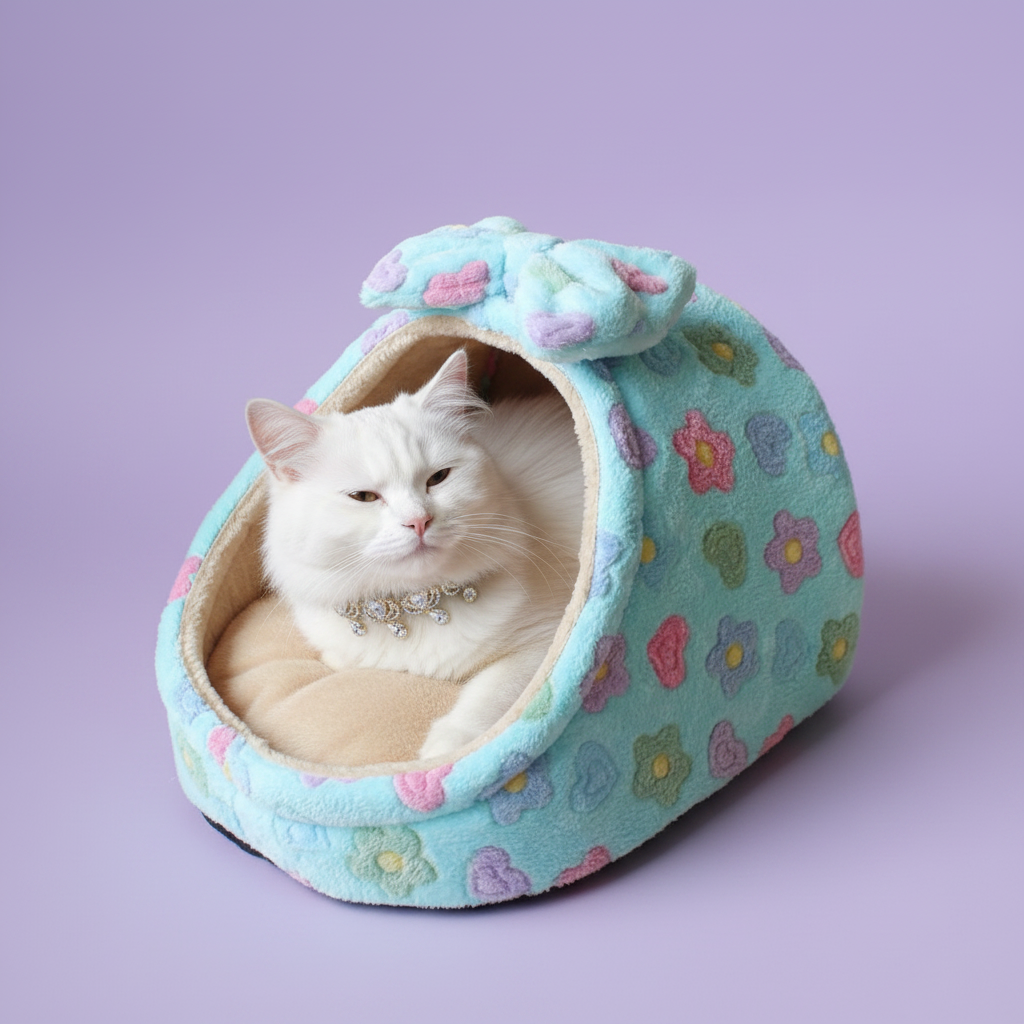 White cat wearing a crystal collar resting inside a mint teal plush igloo cat cave bed with multicolor floral print and bow detail, lavender background