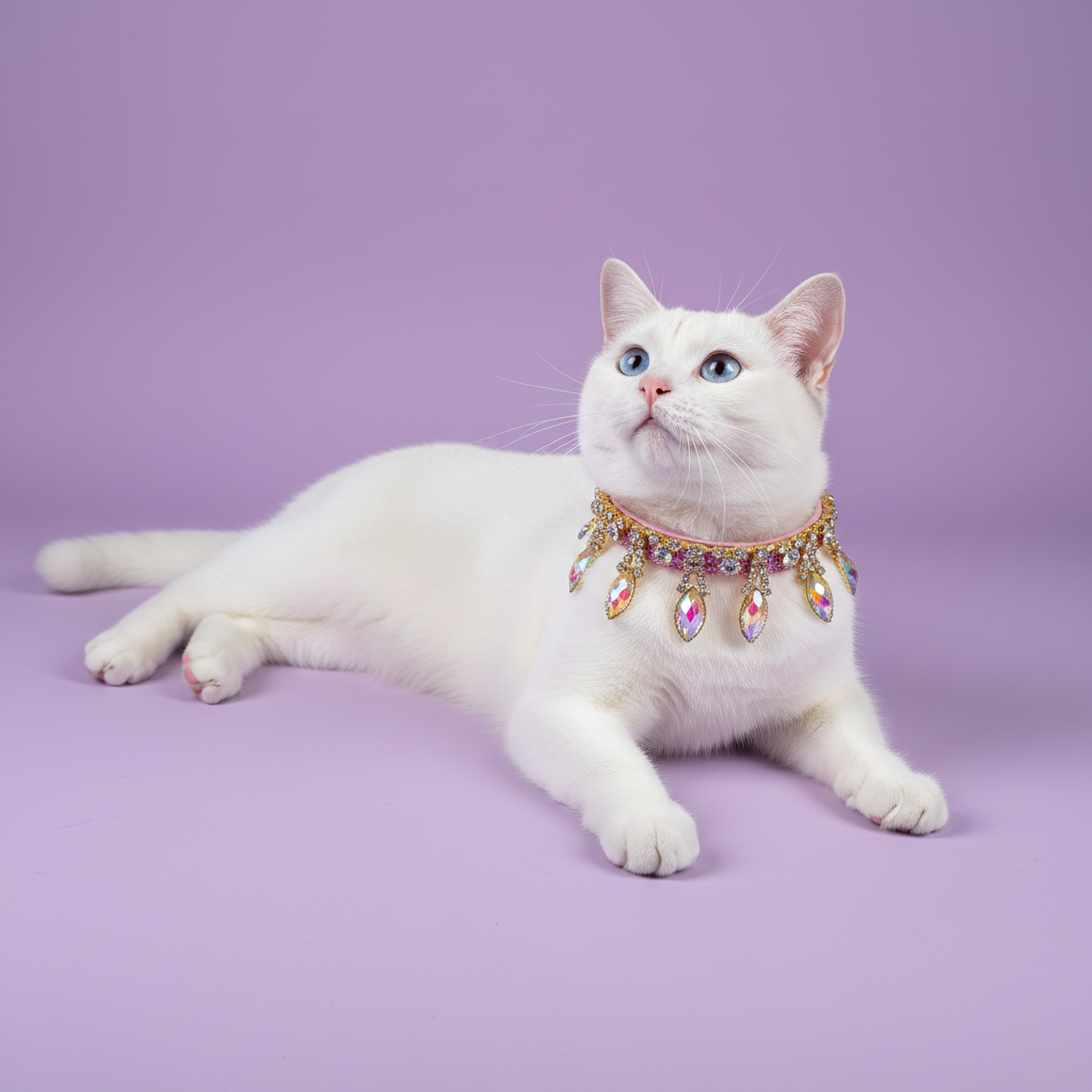 White cat lounging on side wearing an iridescent crystal fringe rhinestone breakaway cat collar