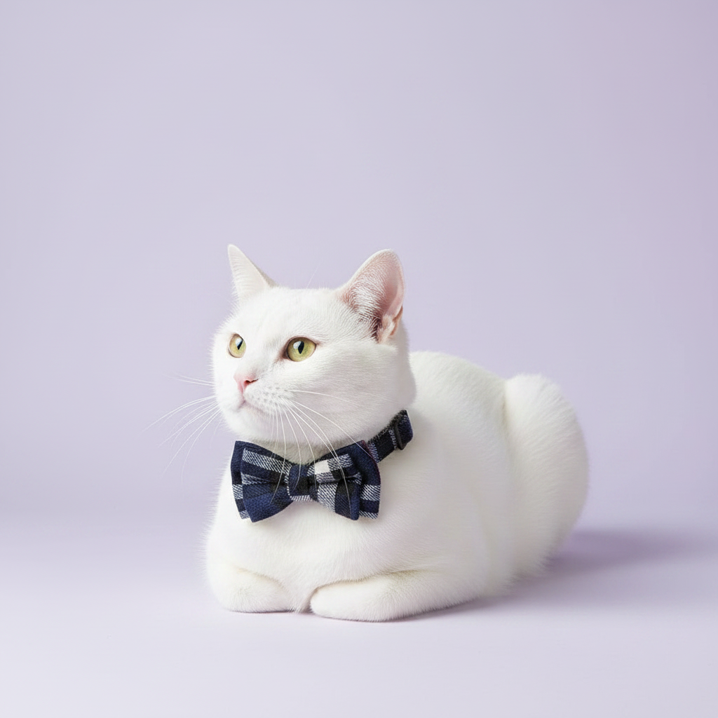 White cat in a loaf pose with an upward gaze wearing a navy blue plaid bow tie breakaway cat collar