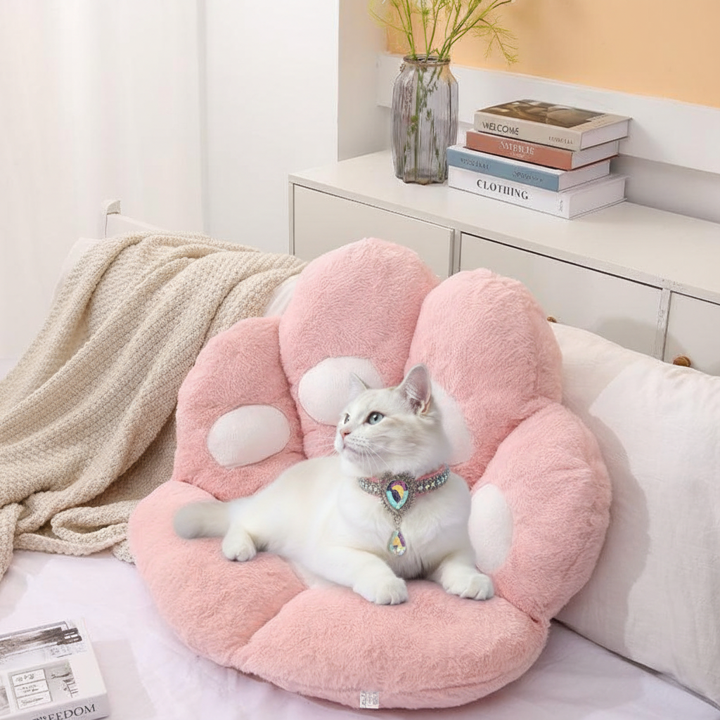 White cat wearing a silver and rainbow crystal charm collar lying inside a blush pink plush paw-shaped pet bed cushion with white toe pad accents, placed on a white bed with a cream knit throw blanket, white nightstand with stacked books and a glass vase with dried grass stems, and a peach-toned wall in the background