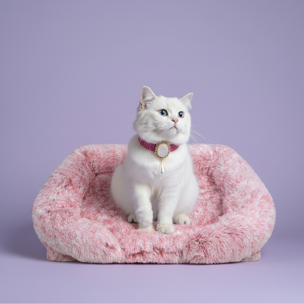 White cat wearing a pink rhinestone collar with a gold and opal pendant sitting upright on a blush pink long shaggy faux fur rectangular pet sofa bed against a soft lavender background