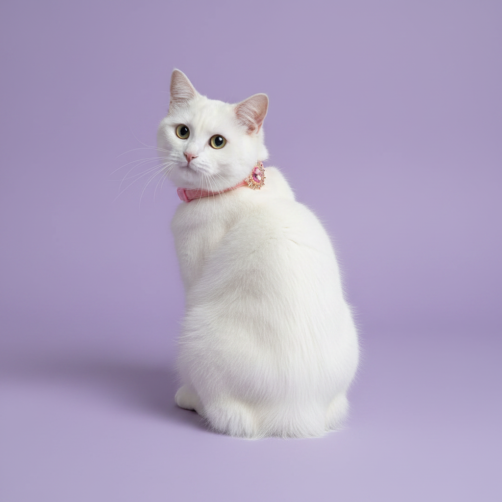 Cream Pomeranian sitting and glancing over its shoulder wearing a purple velvet dog collar with a clear crystal oval sunburst pendant