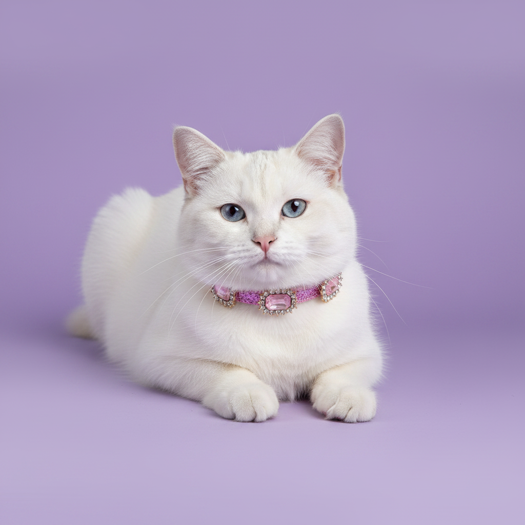 Blue-eyed white cat lying down in loaf position and facing camera wearing a pink glitter rhinestone collar with multiple rhinestone-framed blush pink rectangular crystal embellishments, luxury sparkle rectangular gem breakaway cat collar on solid lavender background