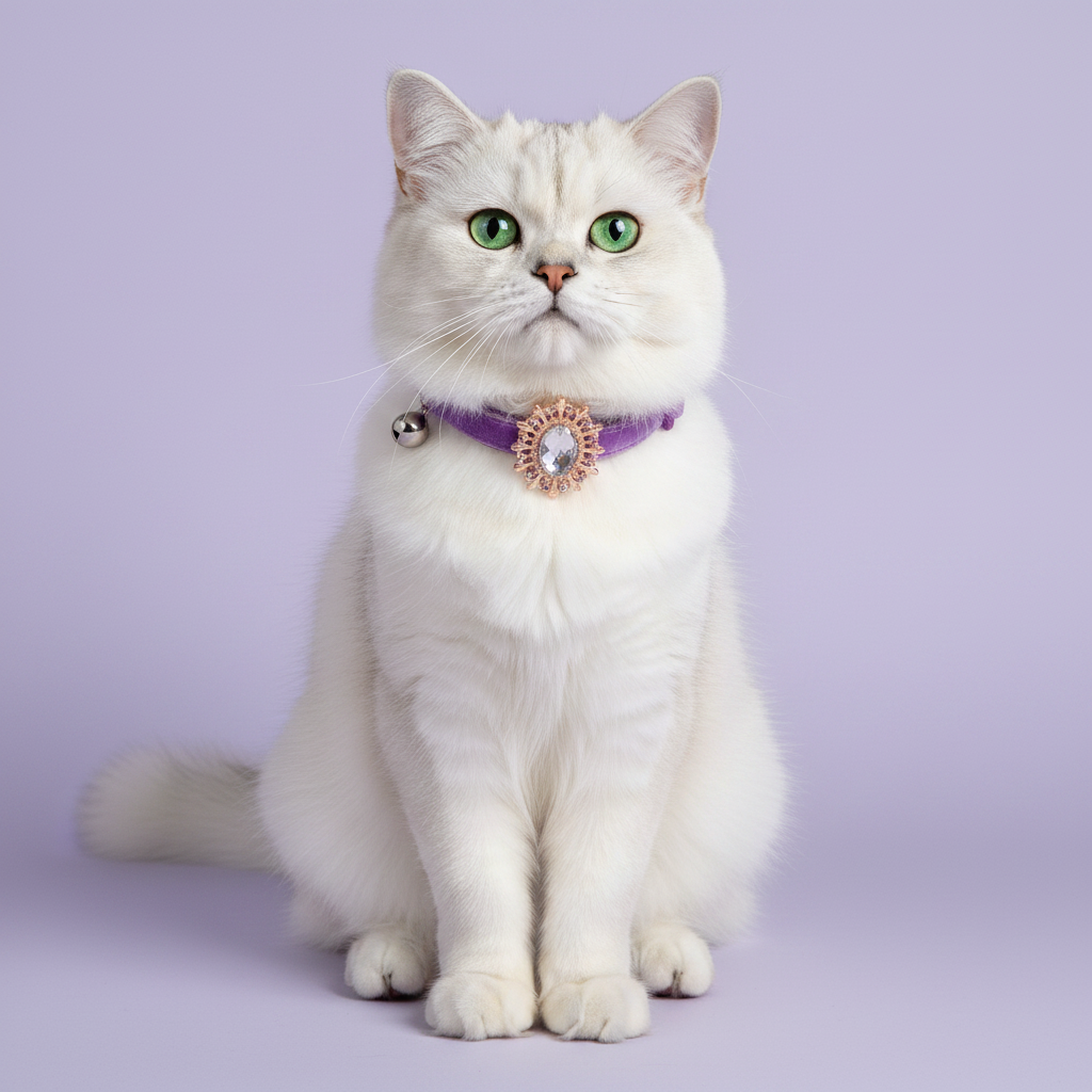 White British Shorthair sitting upright facing straight ahead wearing a purple velvet breakaway cat collar with a clear crystal oval sunburst pendant