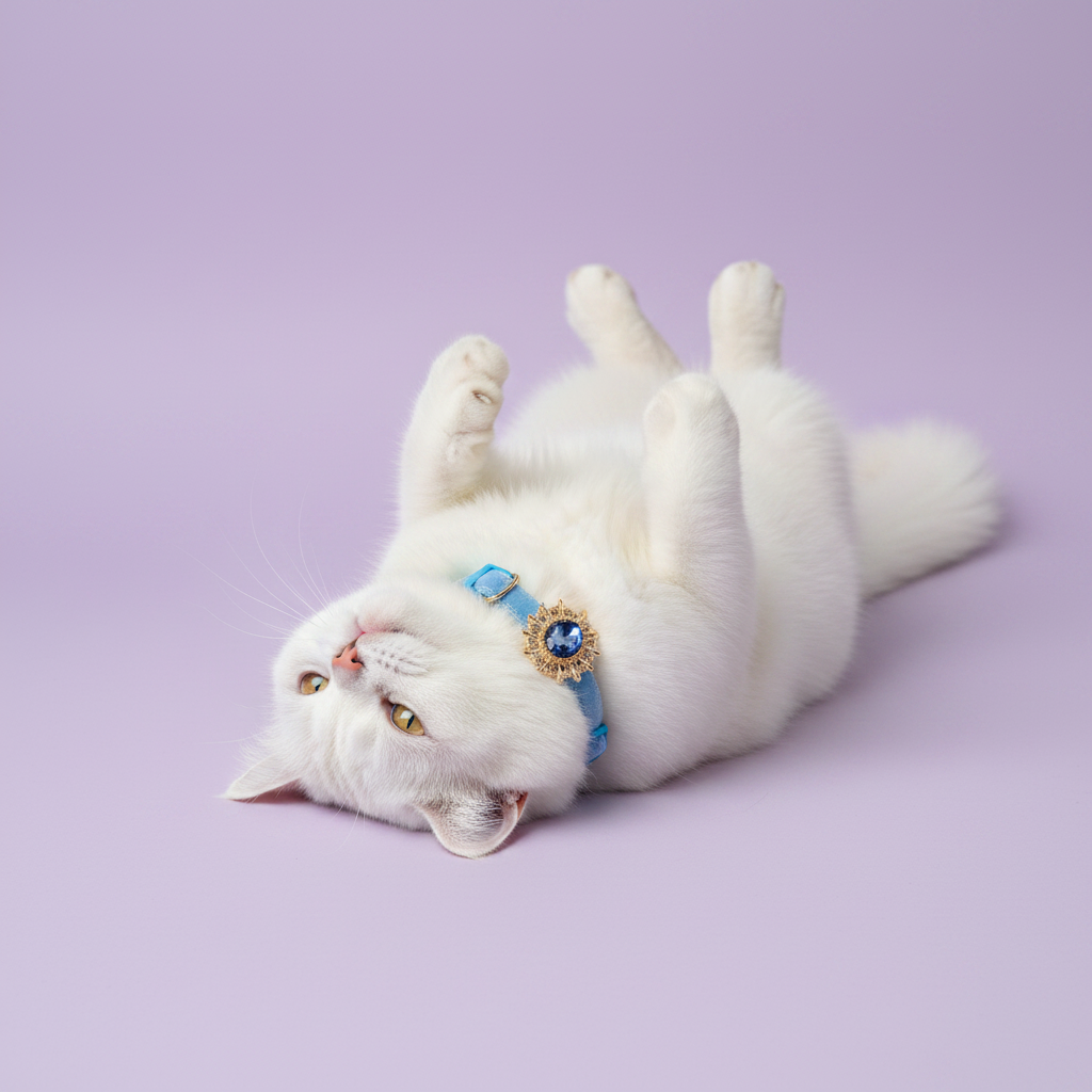 White cat rolling playfully on its back with paws in the air wearing a light blue glitter breakaway cat collar with a sapphire blue round crystal sunburst pendant