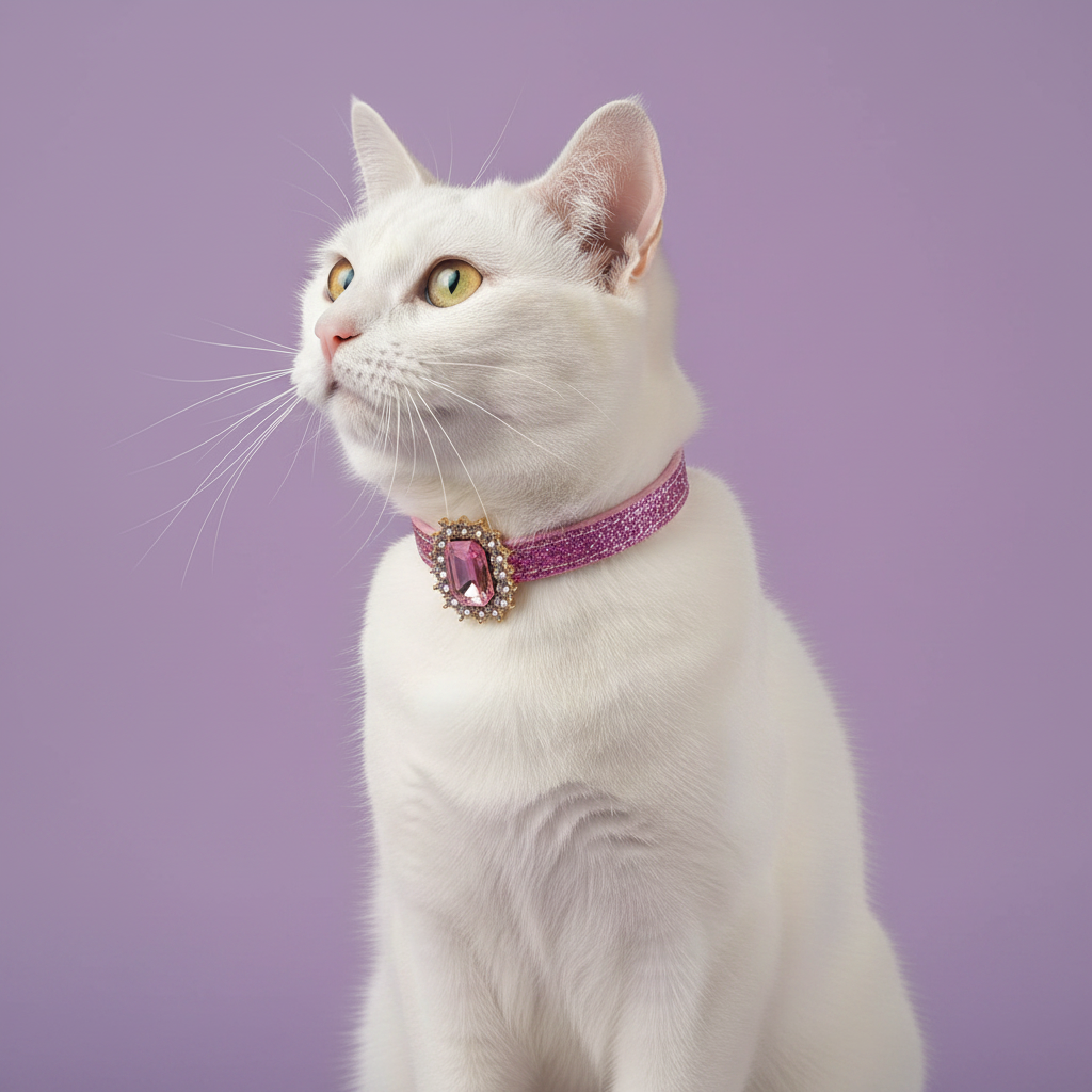 White cat wearing a pink crystal rhinestone breakaway cat collar