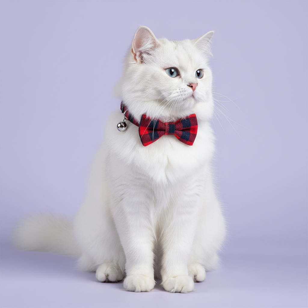 White fluffy cat sitting regally and gazing to the side wearing a red plaid bow tie breakaway cat collar with a silver bell