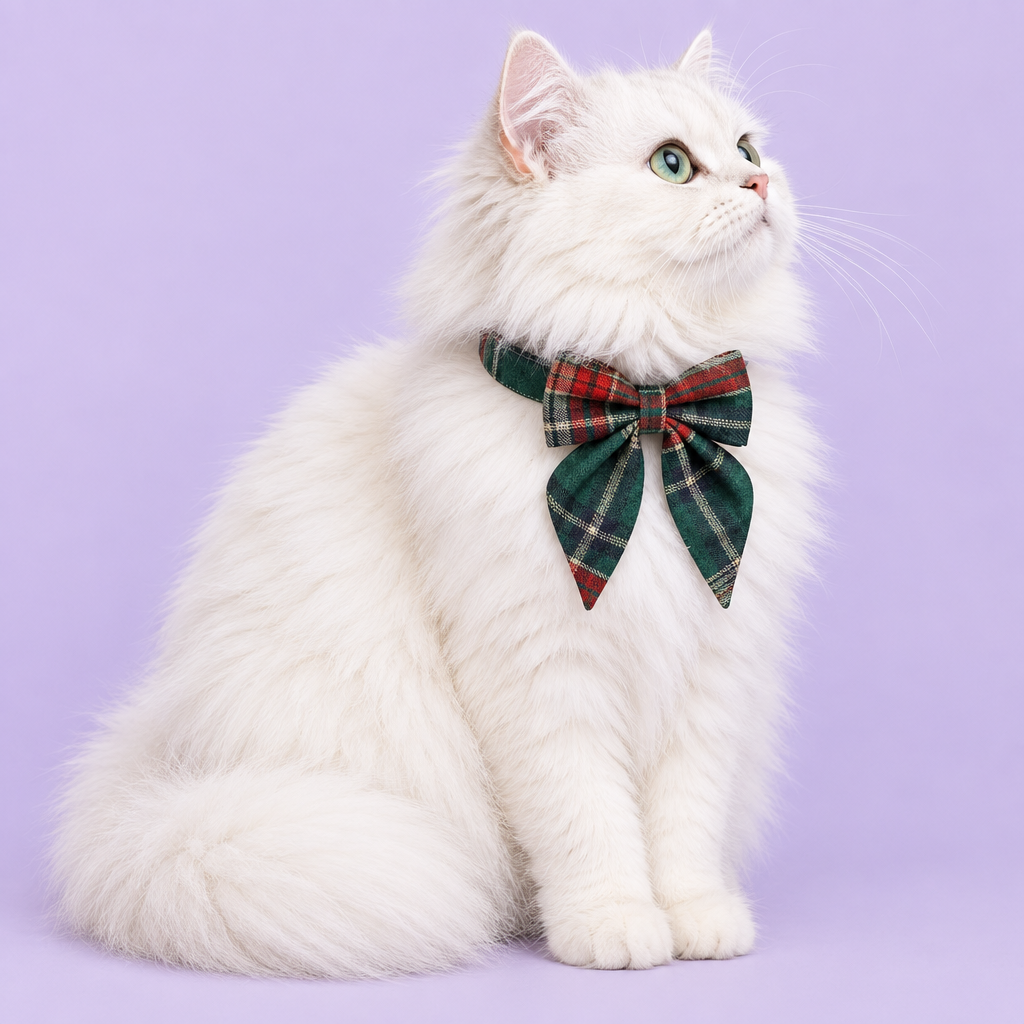White cat sitting side-on in long-tail plaid bow collar