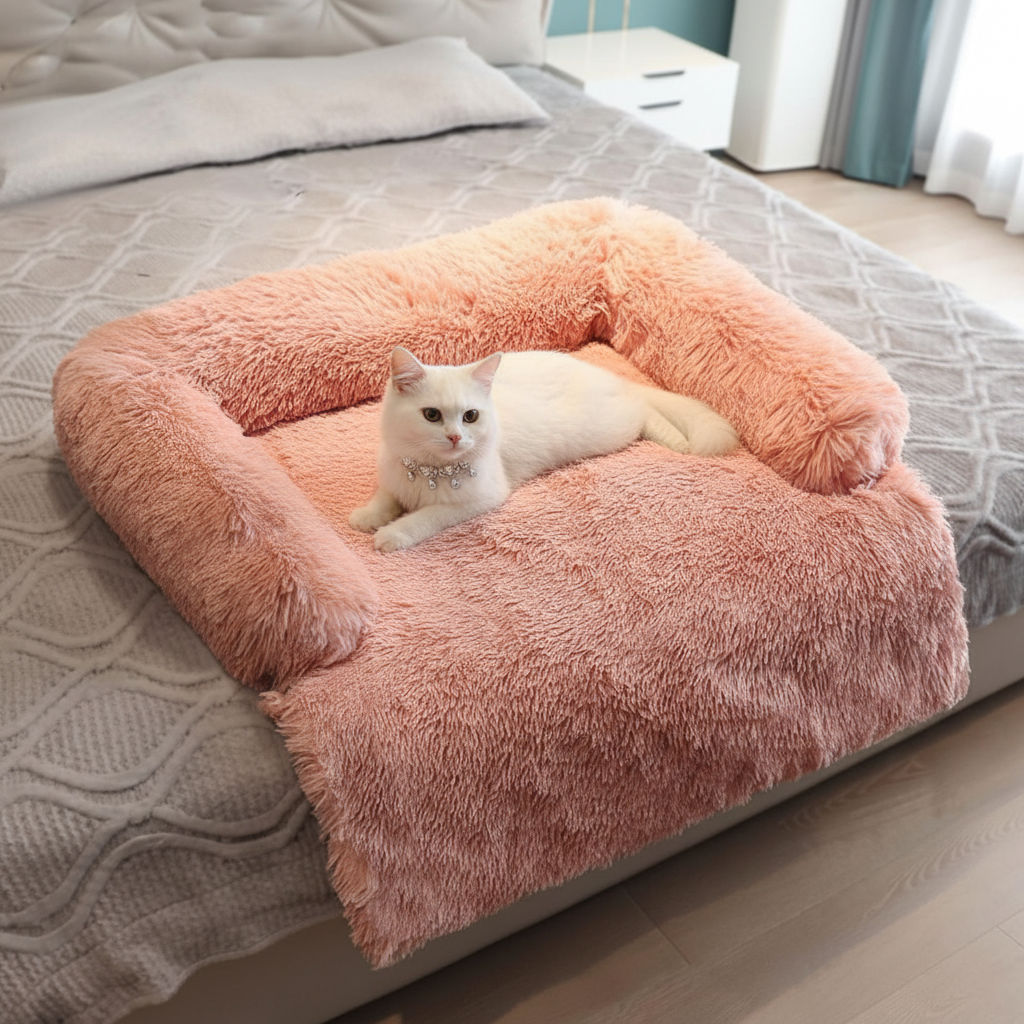 White cat wearing a silver crystal collar lying on an oversized blush-to-peach ombre long shaggy faux fur floor mat with raised bolster back and sides, placed on top of a grey quilted human bed in a modern bedroom