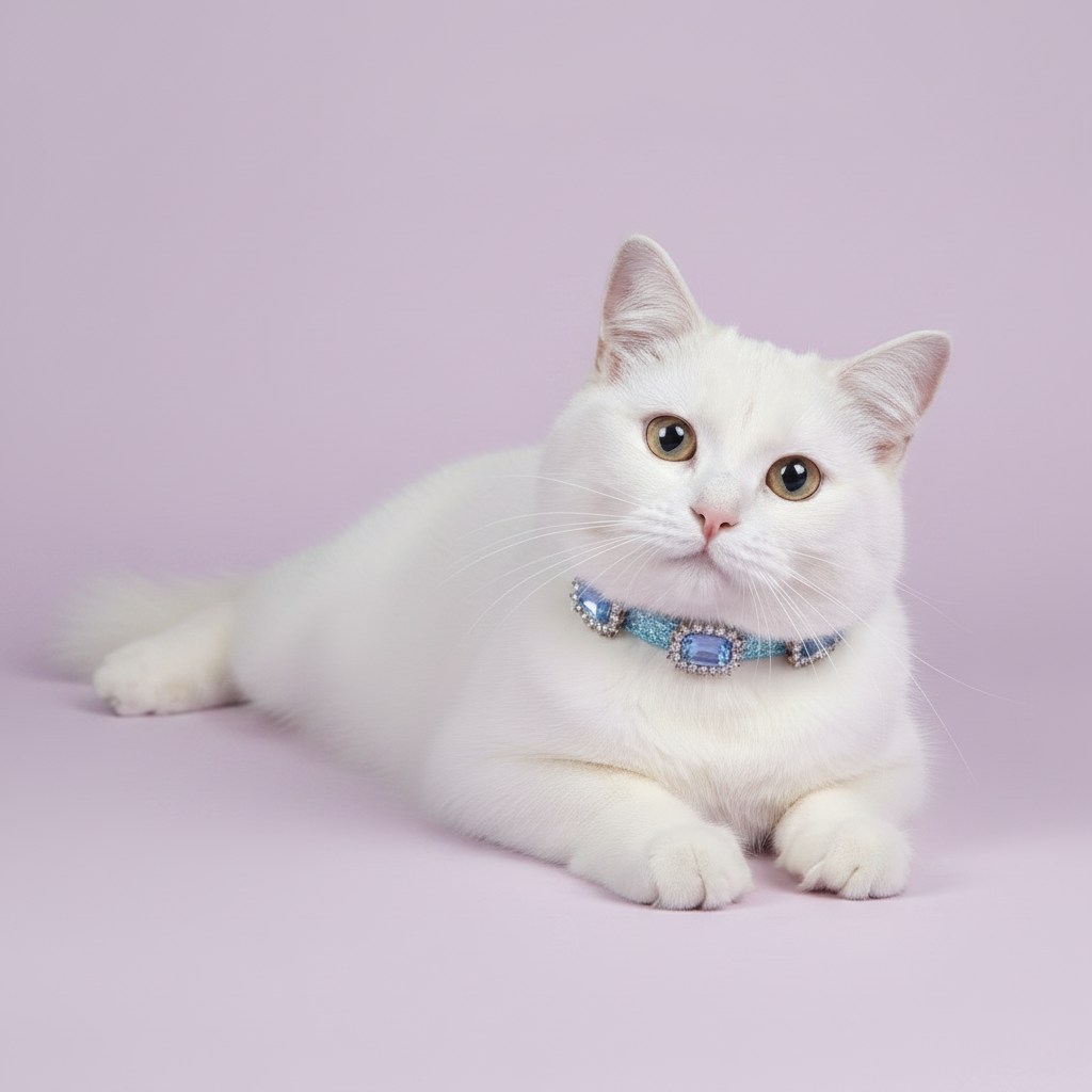 White cat wearing a blue sapphire crystal rhinestone breakaway cat collar