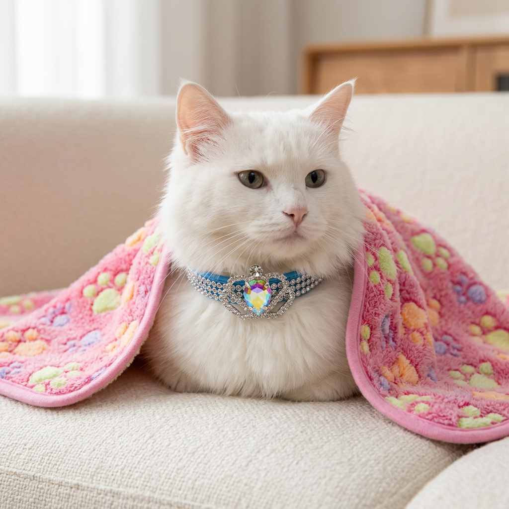 White cat tucked under pink paw-print blanket