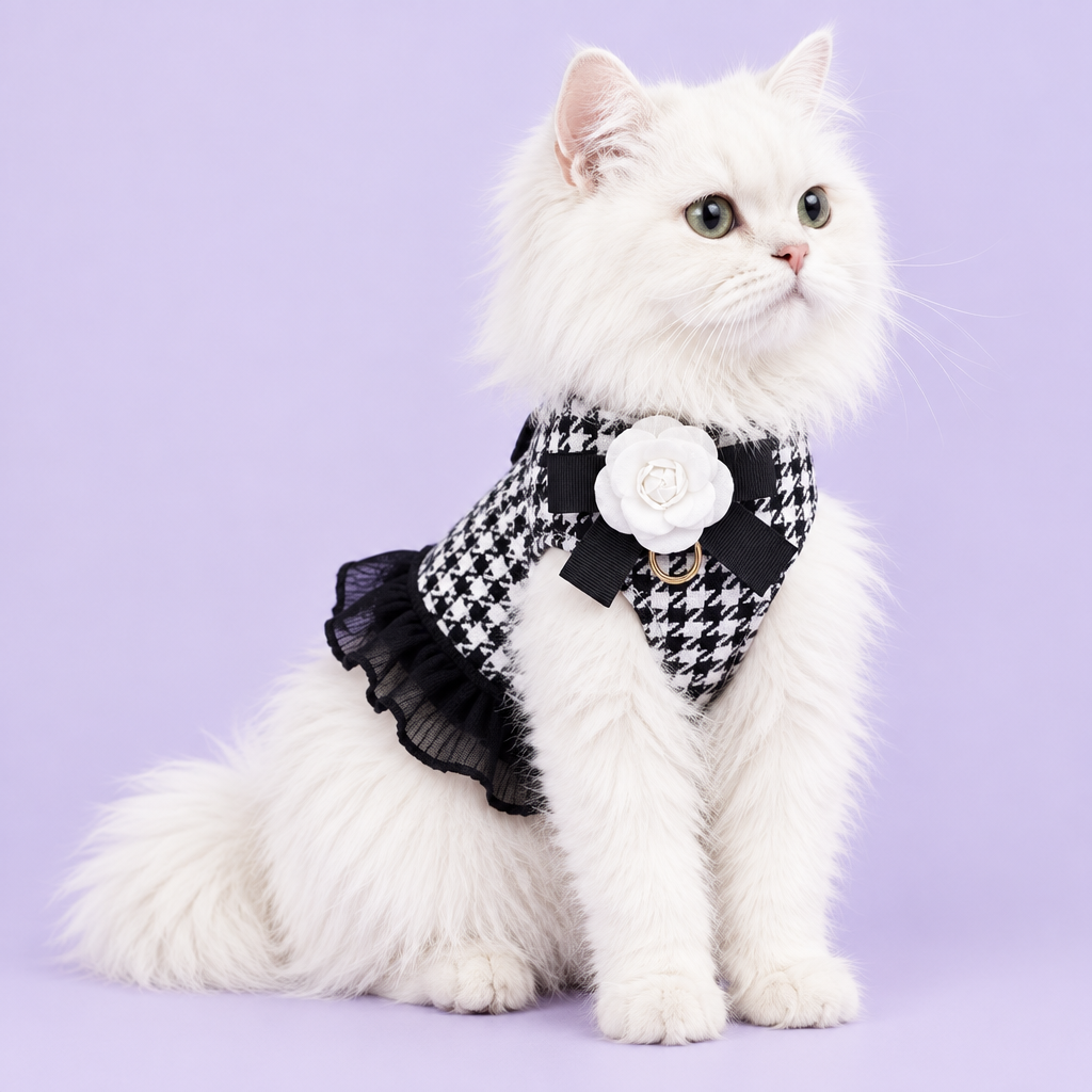 White cat wearing harness without leash