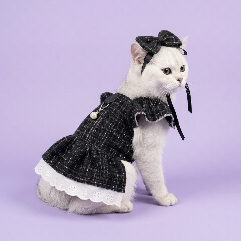 White cat with a head-tied bow and black dress