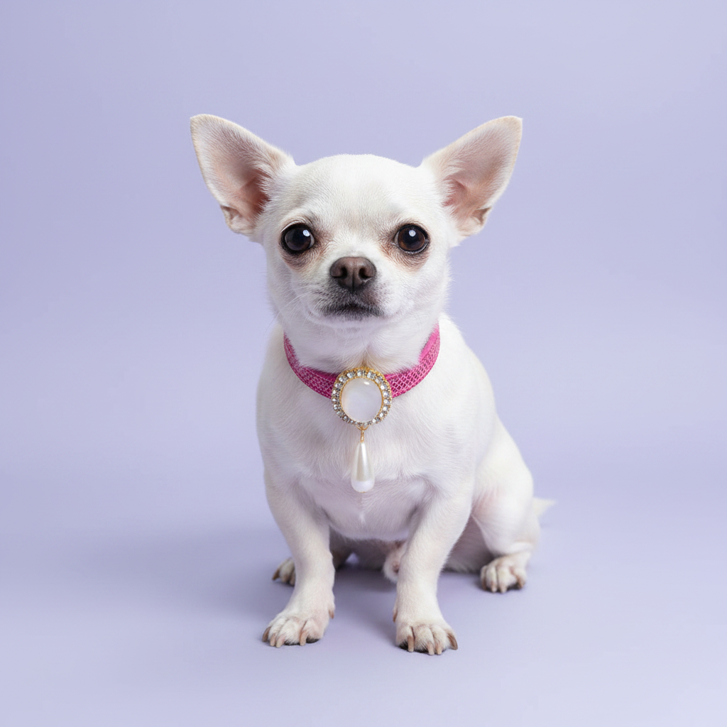White Chihuahua sitting and facing forward wearing a pink glitter dog collar with a gold oval pearl and rhinestone pendant
