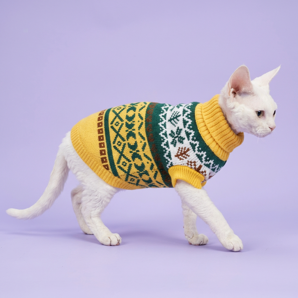 White Devon Rex stepping in the sweater