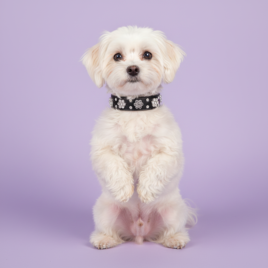 White dog wearing a black rhinestone collar against a soft lavender studio background.
