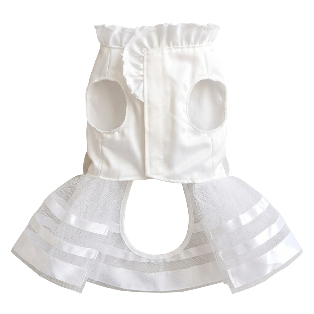 White dress underside showing the closure and leg openings on a square white background