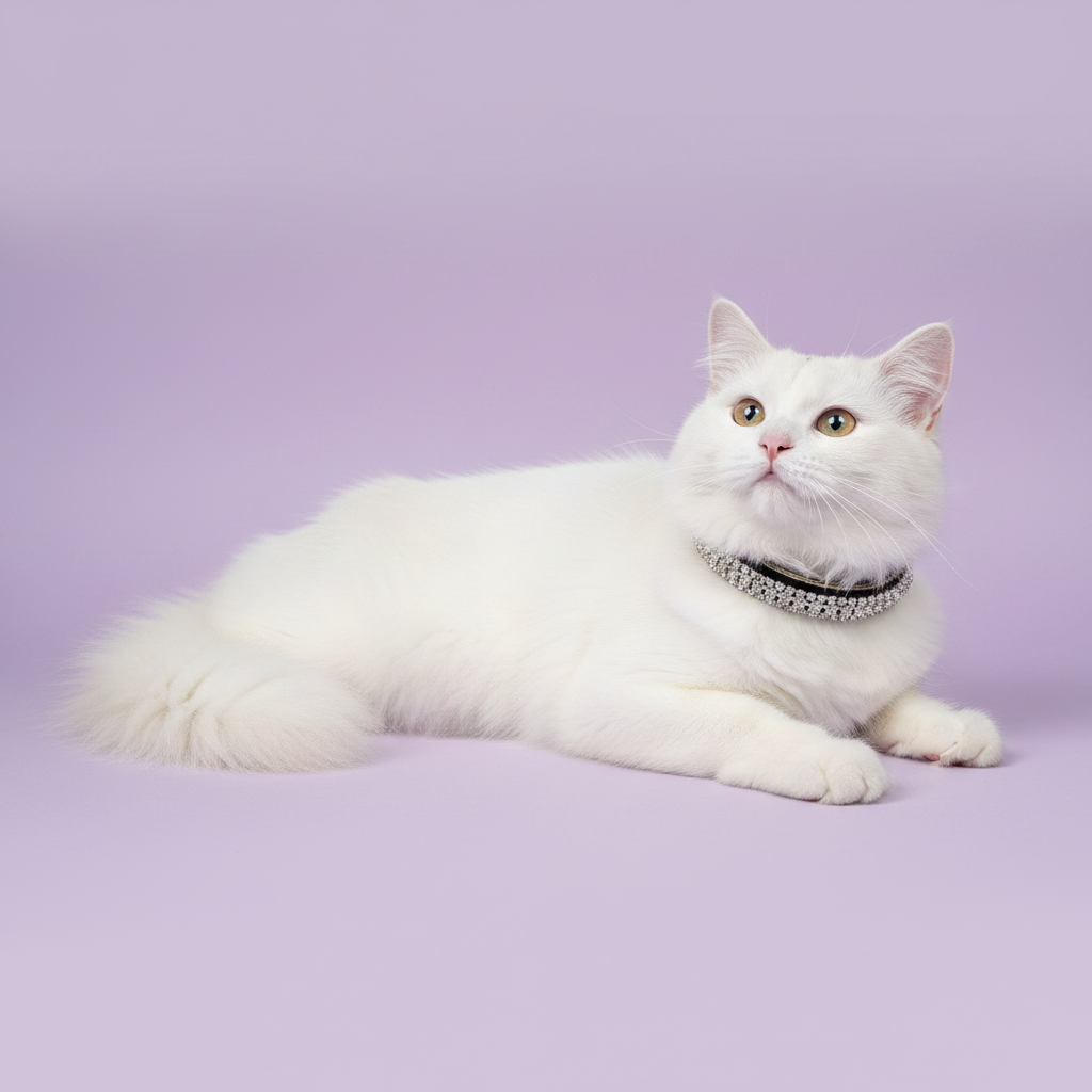 Green-eyed white fluffy cat lying down with head raised and gazing upward wearing a black velvet triple-row clear crystal rhinestone collar, luxury rhinestone cat collar on lavender background