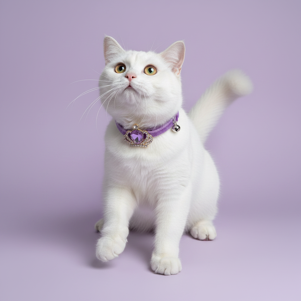 White cat in a playful standing pose with one paw raised wearing a purple velvet breakaway cat collar with a silver crown and amethyst purple crystal pendant