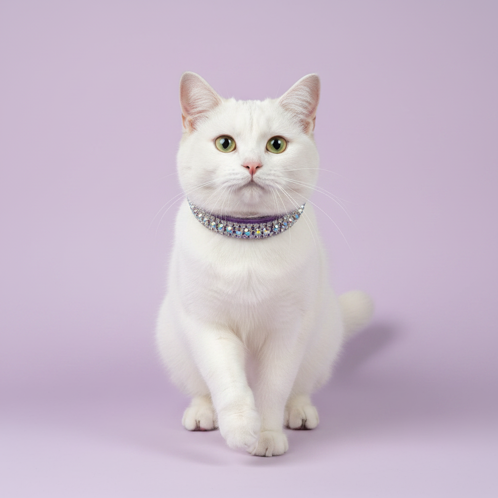 Green-eyed white British Shorthair cat mid-prance facing camera with one paw raised wearing a lavender velvet double-row AB iridescent crystal rhinestone collar, luxury rhinestone cat collar on lavender background