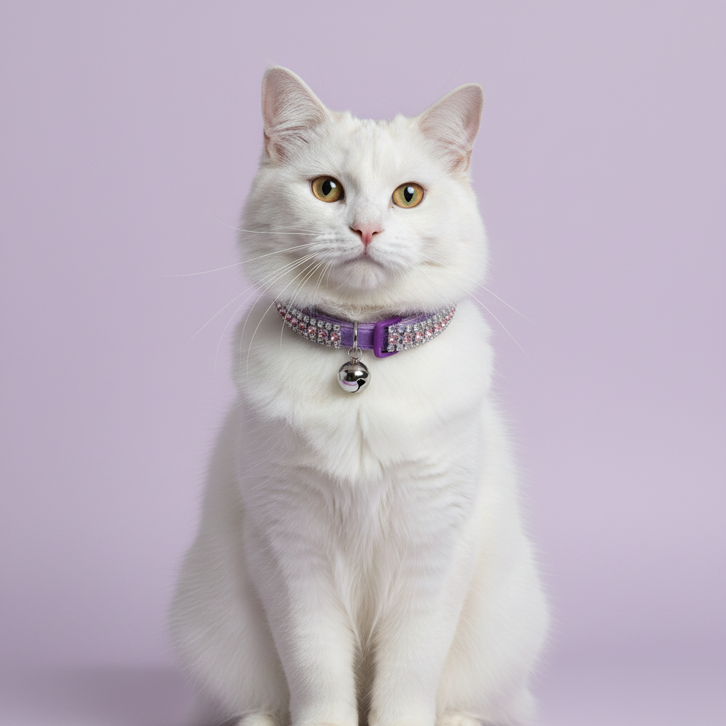 Amber-eyed white British Shorthair cat sitting tall and facing camera wearing a lavender velvet double-row lavender crystal rhinestone collar with purple bow and silver bell, luxury rhinestone cat collar on lavender background