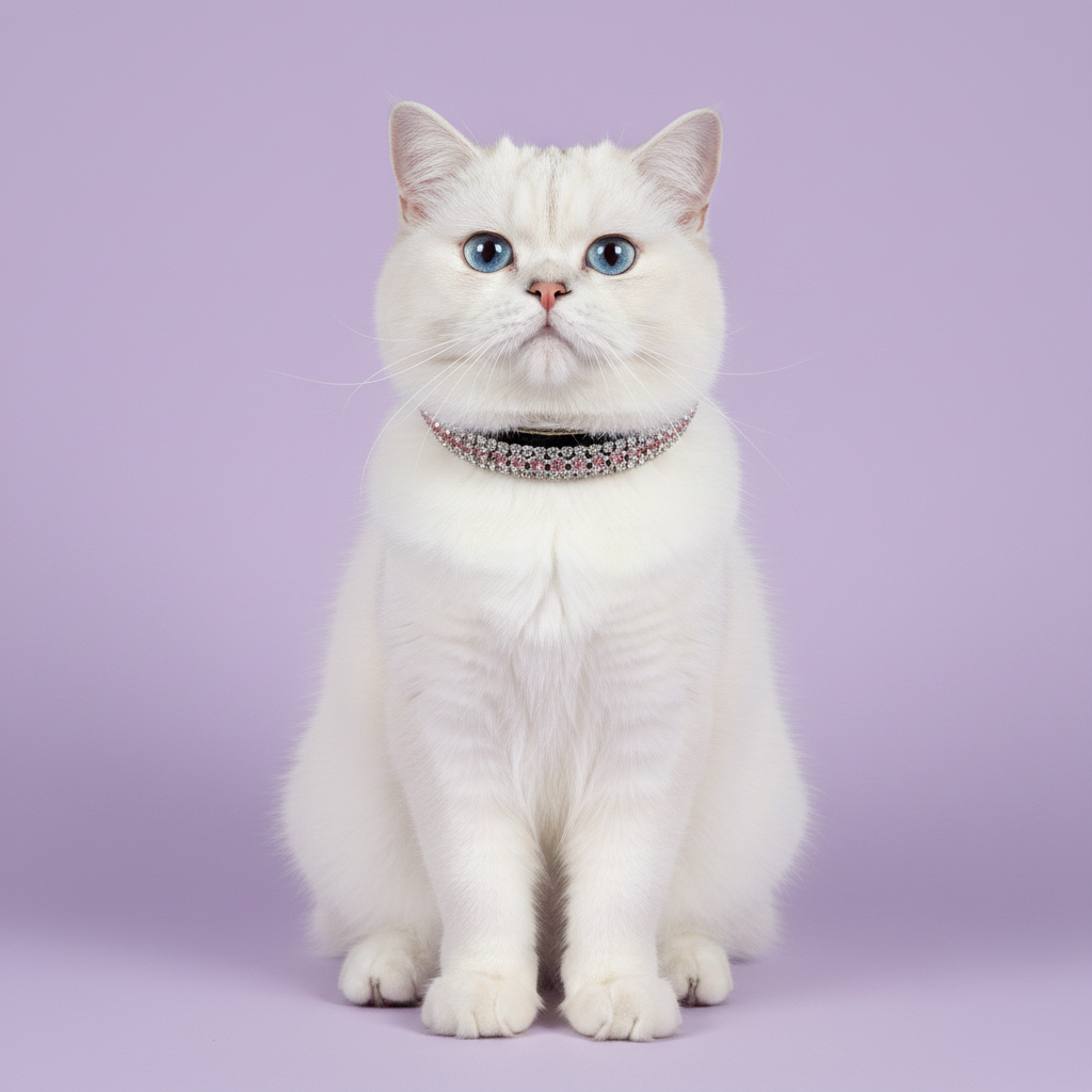 Blue-eyed white British Shorthair cat sitting regally and facing camera wearing a black velvet triple-row pink crystal rhinestone collar, luxury rhinestone cat collar on lavender background