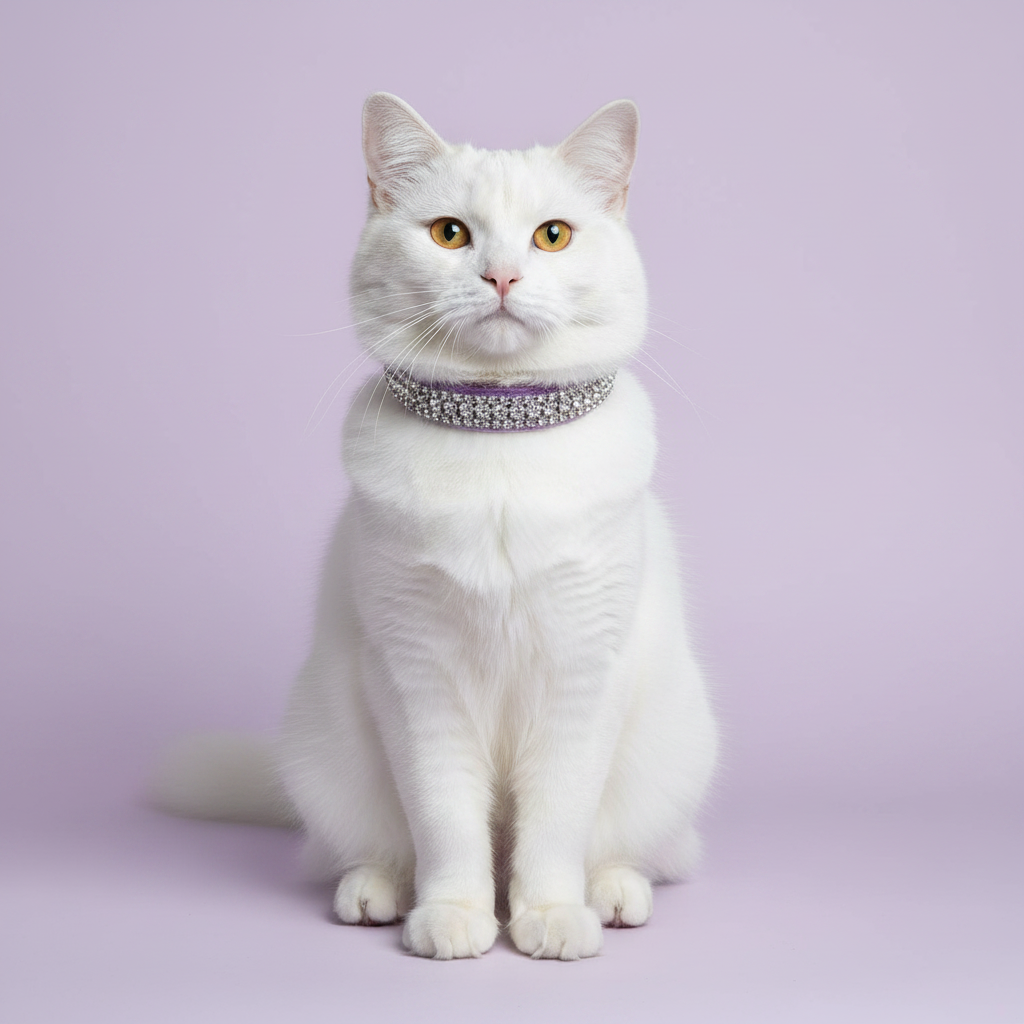 Amber-eyed white British Shorthair cat sitting regally and facing camera wearing a lavender velvet triple-row clear crystal rhinestone collar, luxury rhinestone cat collar on lavender background