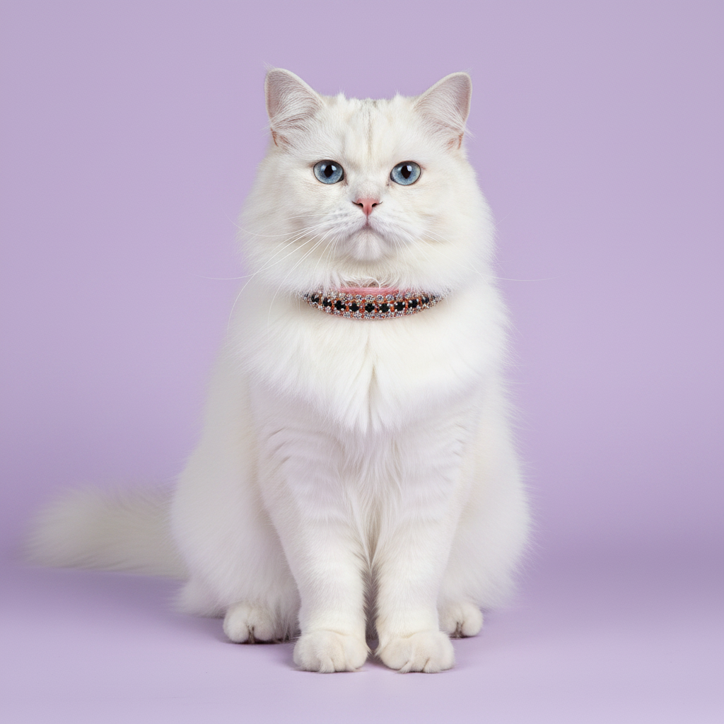 Blue-eyed white fluffy British Longhair cat sitting regally and facing camera wearing a pink velvet triple-row black and clear crystal rhinestone collar, luxury rhinestone cat collar on lavender background