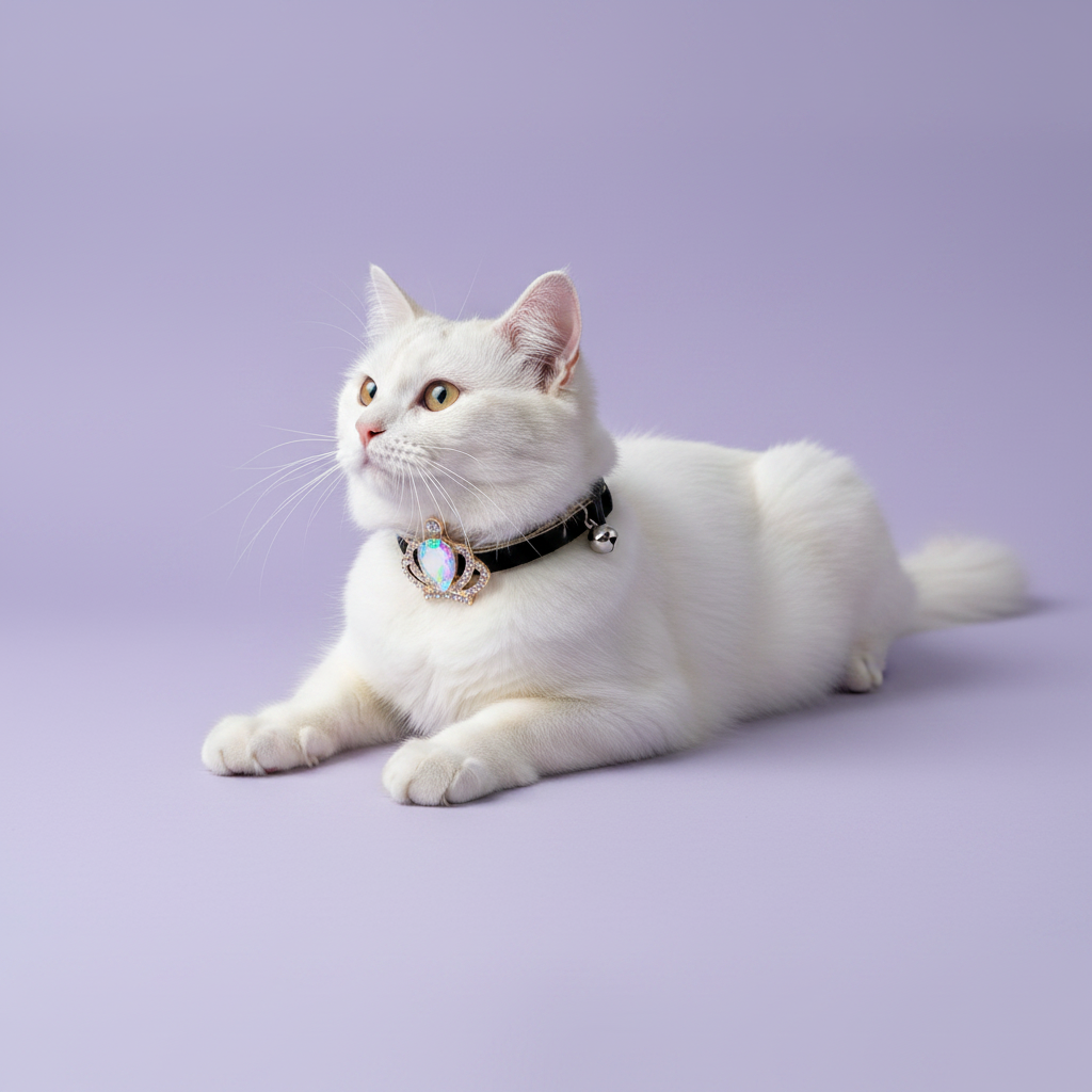 White cat stretched out in a regal lounge pose gazing upward wearing a black velvet breakaway cat collar with a silver crown and iridescent aurora crystal pendant