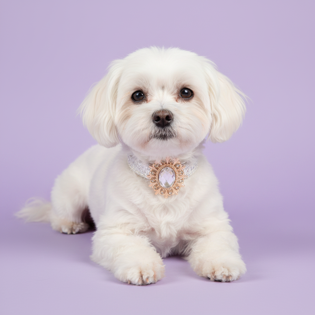 White Maltese lounging wearing a white glitter rhinestone dog collar with gold sunburst clear oval crystal pendant