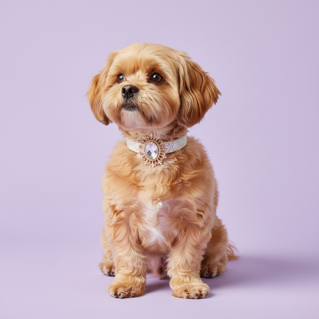 Golden Shih Tzu sitting upright and facing the camera wearing a white glitter dog collar with a clear oval crystal centerpiece surrounded by a gold sunburst rhinestone halo