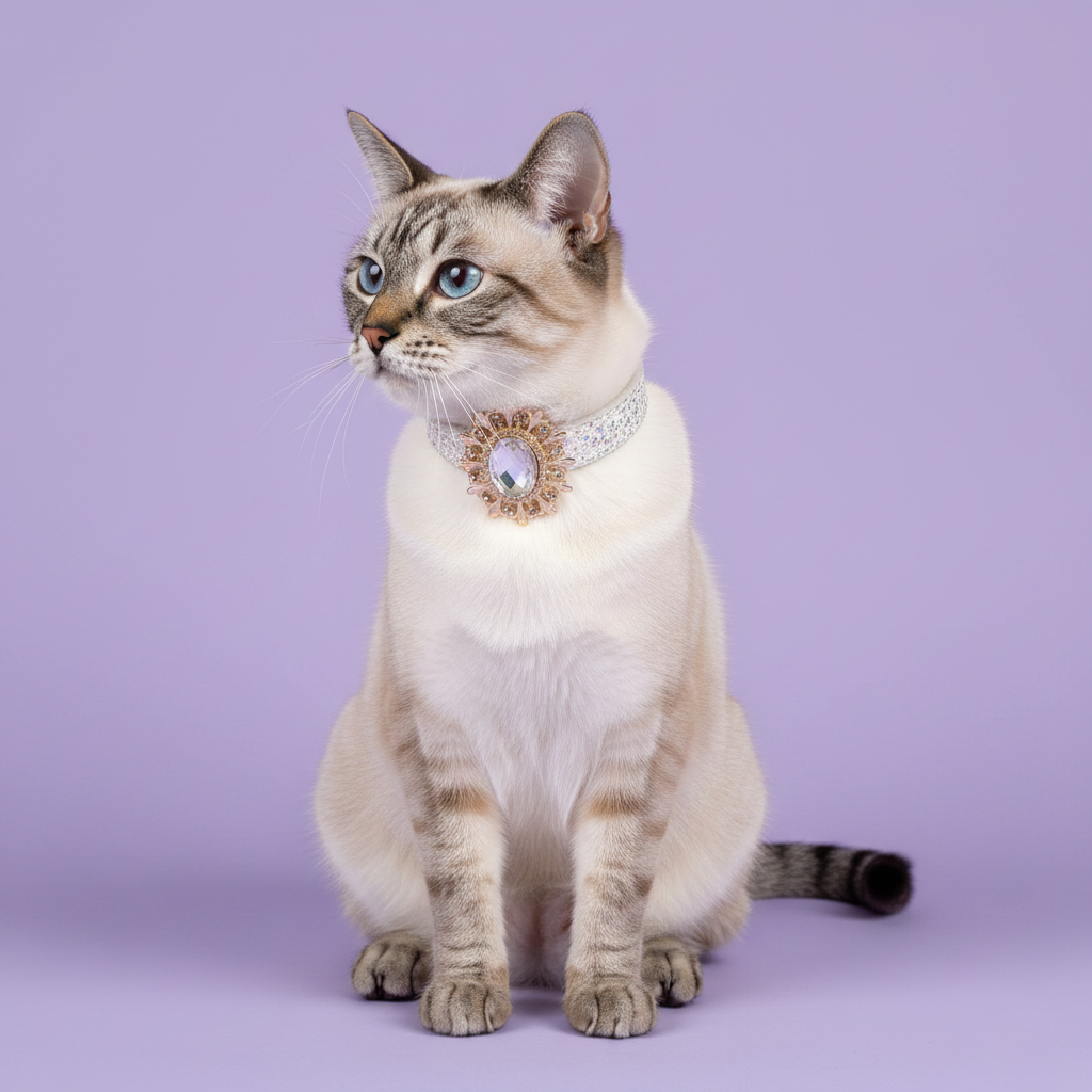 Lynx point Siamese cat glancing to the side wearing a white glitter rhinestone cat collar with gold sunburst crystal pendant