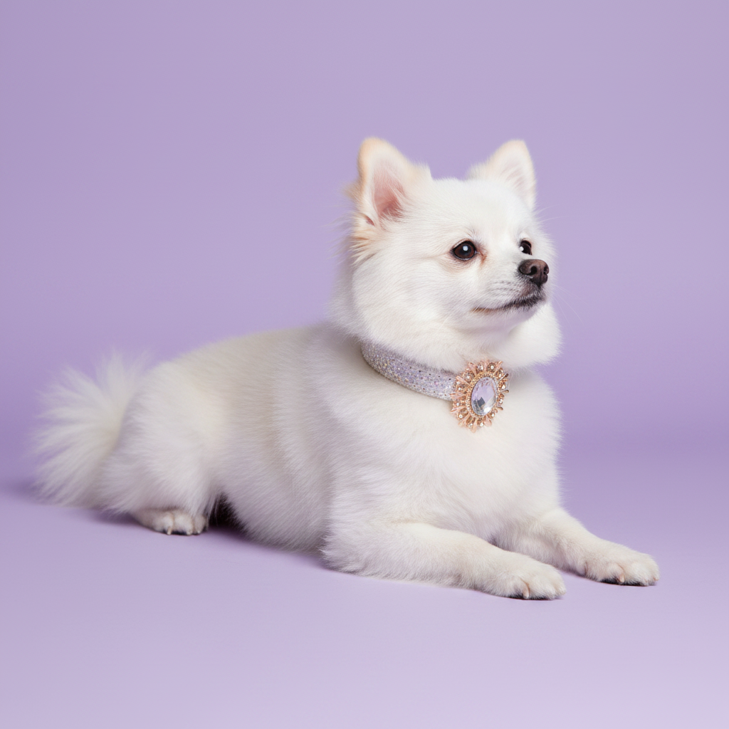 White Pomeranian lounging with paws stretched forward and gazing to the side wearing a white glitter dog collar with a clear oval crystal centerpiece surrounded by a gold sunburst rhinestone halo