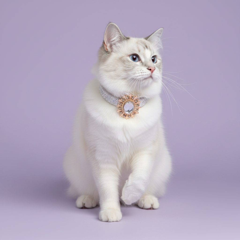 Blue-eyed white Ragdoll cat mid-prance wearing a white glitter rhinestone cat collar with gold sunburst crystal pendant