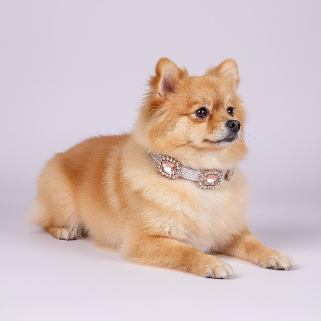 Golden Pomeranian lounging and gazing to the side wearing a white glitter dog collar with triple rectangular blush pink gem accents