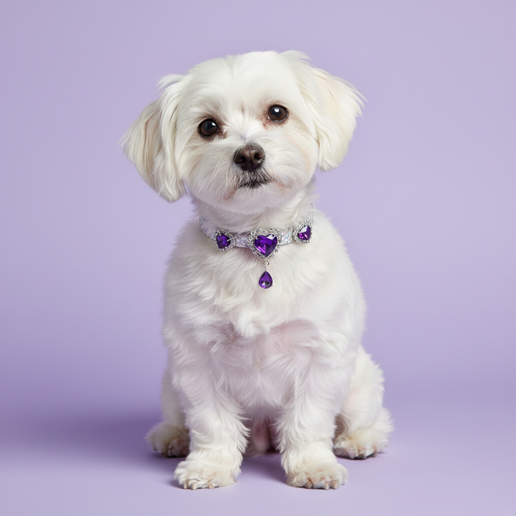 White Maltese sitting wearing a white glitter rhinestone dog collar with triple purple heart crystals and amethyst teardrop pendant