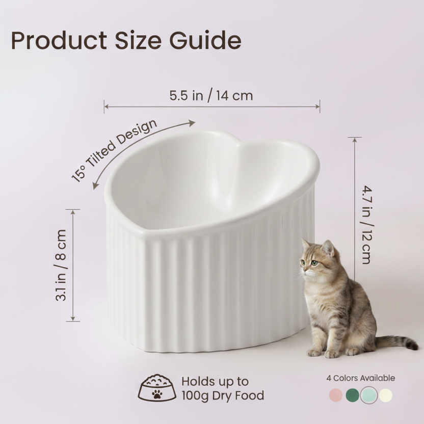 Product size guide infographic for a white ceramic heart-shaped pet bowl with ribbed exterior, showing dimensions of 5.5in wide, 4.7in tall, 3.1in deep, 15-degree tilted design, holds up to 100g dry food, available in 4 colors, with a tabby cat sitting beside it, white background

