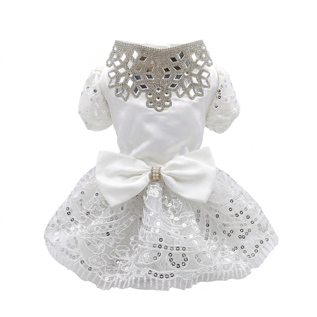 White jeweled pet dress on a completely pure white background