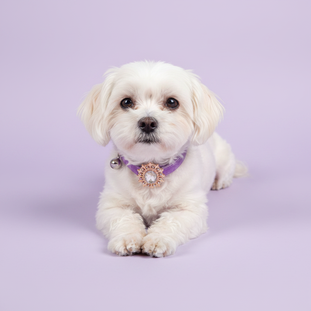 White Maltese lying down with paws stretched forward facing the camera wearing a purple velvet dog collar with a clear crystal oval sunburst pendant
