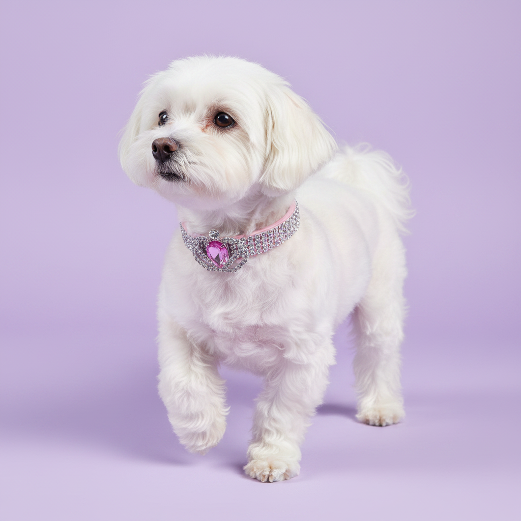 Brown-eyed white Maltese mid-prance in a three-quarter view with one paw raised and gazing to the side wearing a pink rhinestone collar with a silver crown centerpiece featuring a faceted pink heart crystal, luxury crown heart crystal dog collar for small breeds on solid lavender background